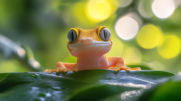 Bright gecko perched on a green leaf with soft sunlight illuminating its features photo