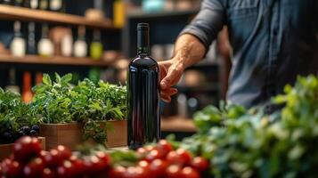 Wine bottle being inspected in a dimly lit cellar with many bottles in background photo