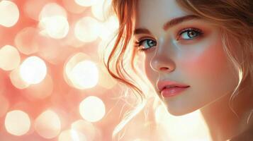 Elegant woman holding skincare product in a softly lit environment with decorative lights photo