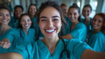 Group of smiling healthcare professionals in scrubs enjoying a moment together indoors photo
