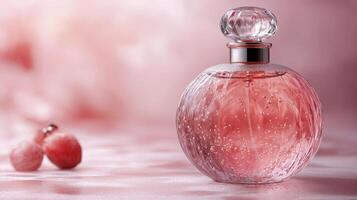 Elegant pink perfume bottle placed on a soft background with delicate bokeh effects and decorative elements photo