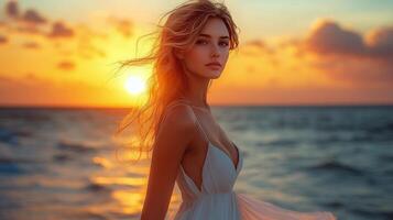 Sunset portrait of a woman on a beach with waves in the background photo