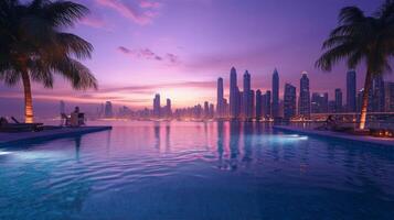 Stunning skyline view from luxury pool overlooking city and palm trees in a bright sunny day photo