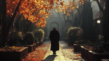 Mysterious figure walking through an autumn path lined with vibrant leaves and soft light photo