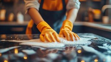 Cleaning kitchen countertop with soapy water in a cozy home during the afternoon photo