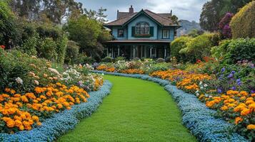 Vibrant garden filled with colorful flowers and lush greenery in a sunny afternoon photo