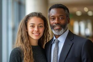 Young couple poses together in a neutral space with crossed arms and serious expressions photo