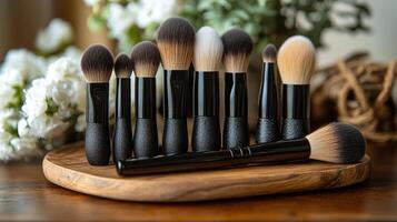 Variety of makeup brushes arranged neatly on a wooden surface near green plants photo