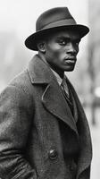 Stylish man in a dark coat and hat confidently poses outdoors in a vintage black and white setting photo