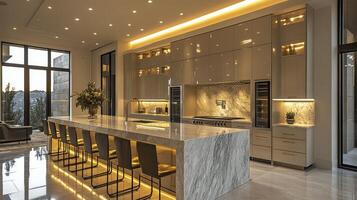 Modern kitchen with marble countertops and open views to a serene outdoor space in a contemporary home photo
