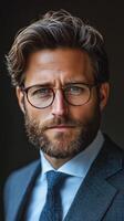 Professional man with glasses poses confidently in a formal suit against a dark background photo