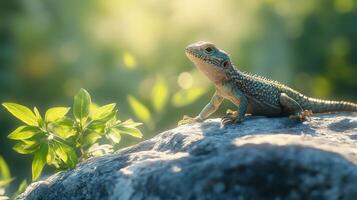Lizard resting on a rock with blurred forest background during midday sunlight photo