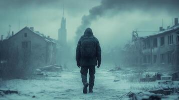 Walking through abandoned ruins on a foggy day with a silhouette in a coat photo