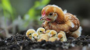 Mother hen watching over her fluffy chicks in a blooming field during golden hour photo