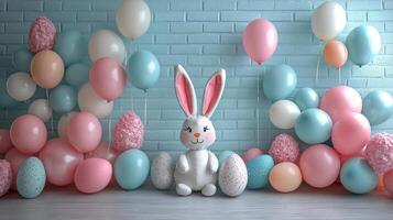 Colorful pastel decoration for a spring celebration with balloons and pom poms photo