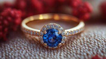 Elegant gold ring featuring a stunning blue gemstone on a soft fabric background photo