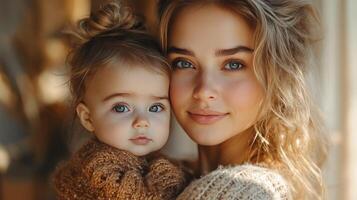 Mother holding baby close with warm expressions in cozy indoor setting during daylight photo