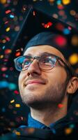 Celebrating graduation with confetti and joyful expressions at a festive ceremony in bright colors photo