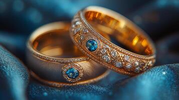 Elegant gold wedding rings with blue gemstones on a textured fabric background photo