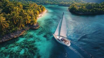 Elegant sailboat navigating through tranquil waters with lush mountains in the background photo