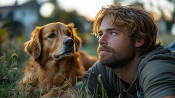 Man and dog enjoying a moment of connection during a sunset in a serene outdoor setting photo