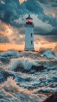 Stormy ocean waves crashing near a striped lighthouse during twilight hours photo
