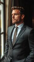 Business professional in suit gazing thoughtfully out of window during golden hour photo