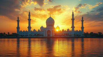 Sunset over a grand mosque with vibrant clouds in the sky photo