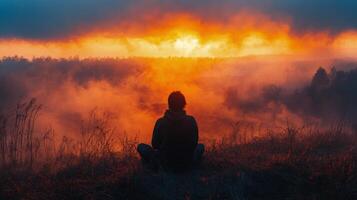 Survivor gazes at abandoned cityscape during golden hour after a disaster photo
