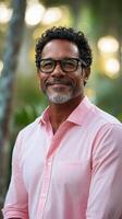 Middle-aged man smiling outdoors in a park setting during a sunny day photo