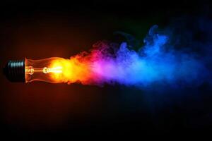 Colorful light bulb with vibrant smoke effect illuminating dark space photo