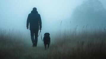 Walking a dog in a foggy field during early morning hours photo