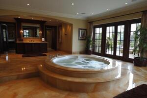 Elegant home spa with jacuzzi and natural light in luxurious interior setting photo