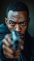 Intense standoff with an armed man in a dark environment during a tense moment photo