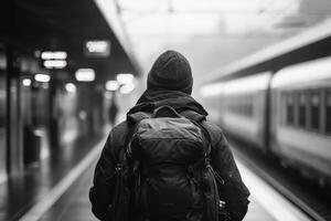 Traveler waiting at train station during cloudy day with backpack and hooded jacket photo