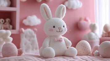 Bunnies surrounded by flowers and clouds in a springtime pastel setting photo