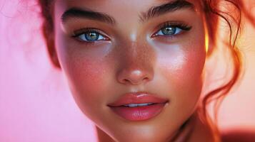 Close-up of a young woman with curly hair and glowing skin in vibrant pink lighting photo