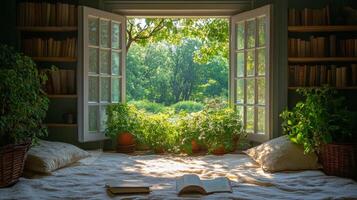 Beautiful garden view from a bright room with open windows and vibrant flowers photo