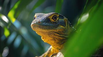 Lizard resting amidst lush green foliage in a tropical environment during daylight hours photo
