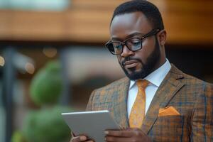 Business professional analyzing data on tablet in modern retail setting filled with greenery photo