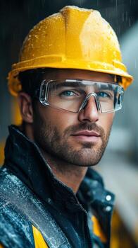 Construction worker with safety gear focused on site tasks during daylight hours photo