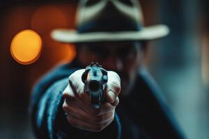 Intense confrontation with a determined figure holding a revolver in the forested area photo