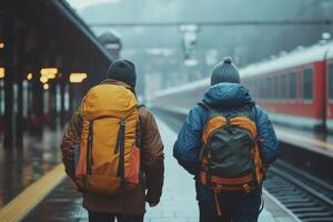 Traveler waiting at train station during cloudy day with backpack and hooded jacket photo