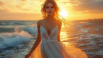 Sunset portrait of a woman on a beach with waves in the background photo