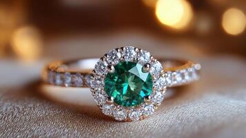 Elegant rose gold ring featuring a vibrant green gemstone and sparkling diamonds photo