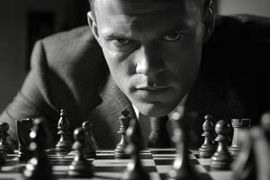 Intense chess match focus with sharp blue eyes and wooden pieces on board photo