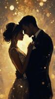 Couple embraces during an elegant evening in a romantic setting photo