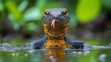 Komodo dragon swimming in calm waters of its natural habitat during daylight hours photo
