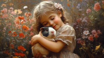 Girl in winter attire holds guinea pig while surrounded by colorful flowers and snow photo