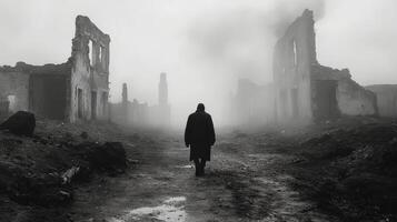 Walking through abandoned ruins on a foggy day with a silhouette in a coat photo